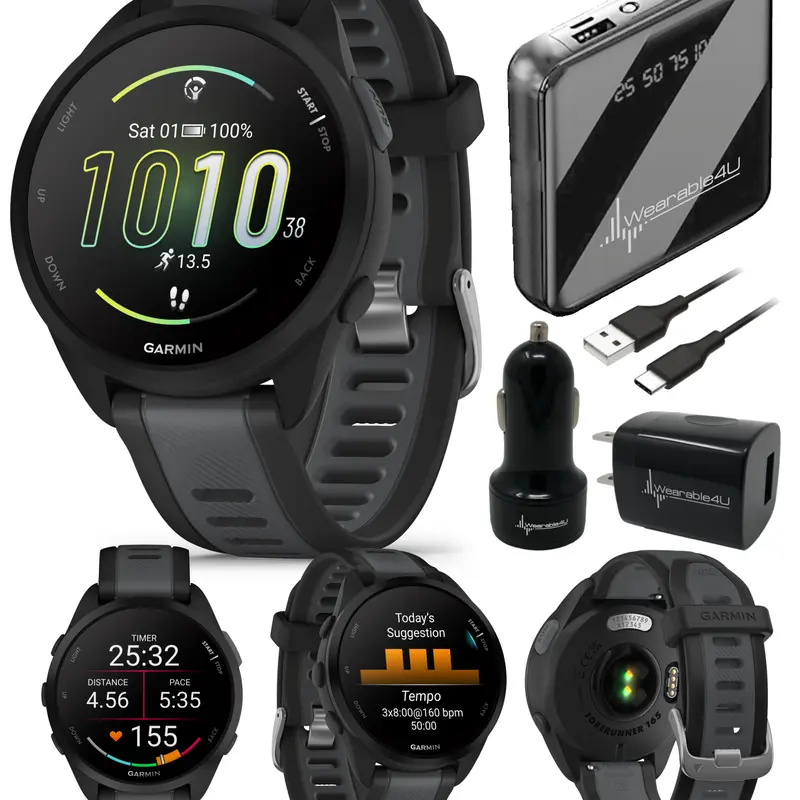 Garmin Forerunner 165 GPS Sports Tracking Smartwatch - AMOLED Touchscreen Fitness Tracker Watch, 19-Hour GPS Battery, Wireless Health Monitor, Silicone Wearable Tech, Android Music Player, Heart Rate Tracker, Race-Ready Plans, Wearable4U Bundle