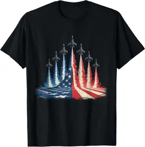 Fighter Jet American Flag 4th of July Tee T-Shirt for Independence Day Celebrations Comfortable Fabric Casual Summer Fashion