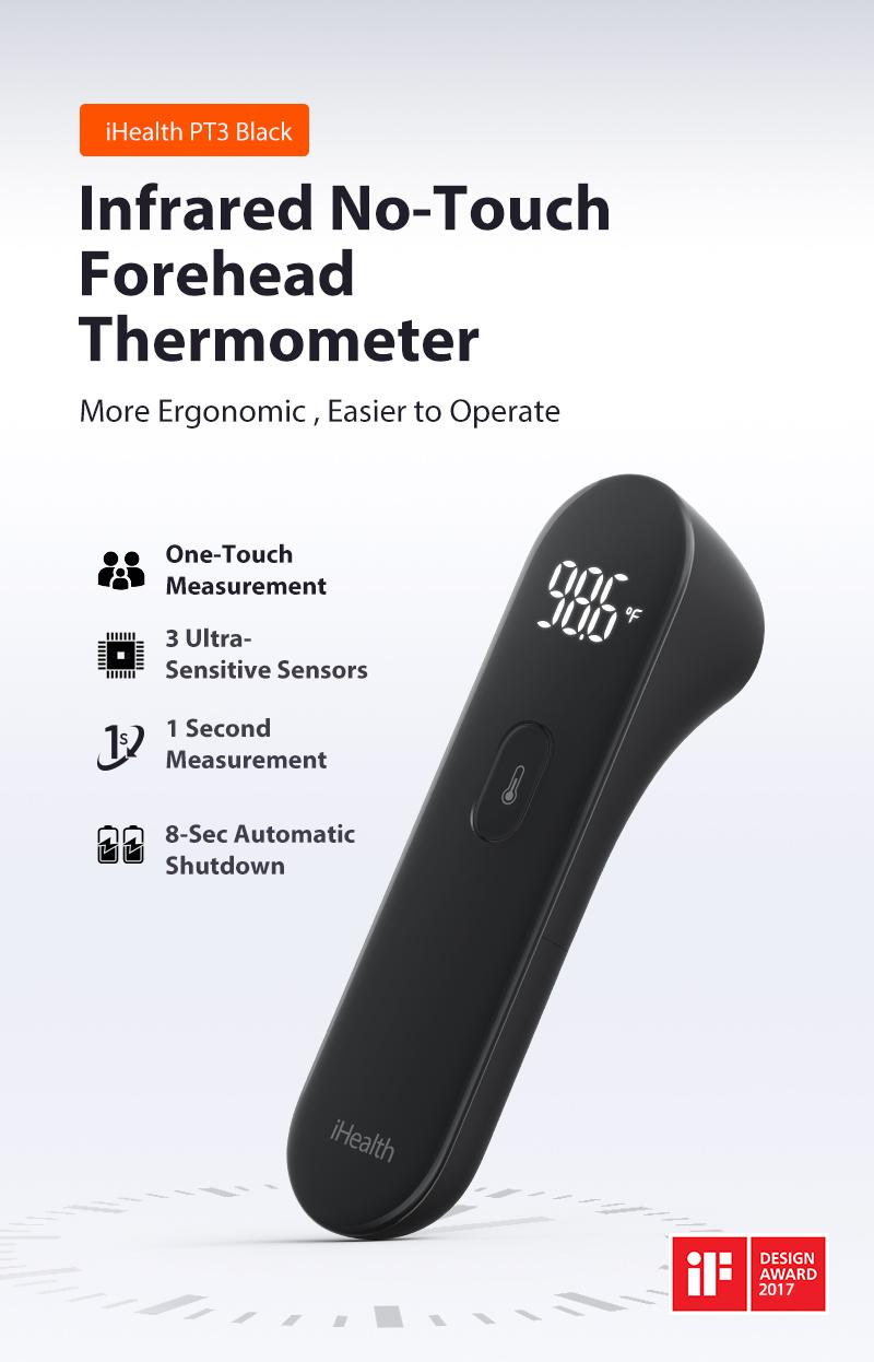 iHealth PT3 No-Touch Forehead Thermometer, 3 Ultra-Sensitive Sensors, Quiet Vibration Feedback, Large LED Digits, Accurate Thermometer Fever for Home Healthcare White