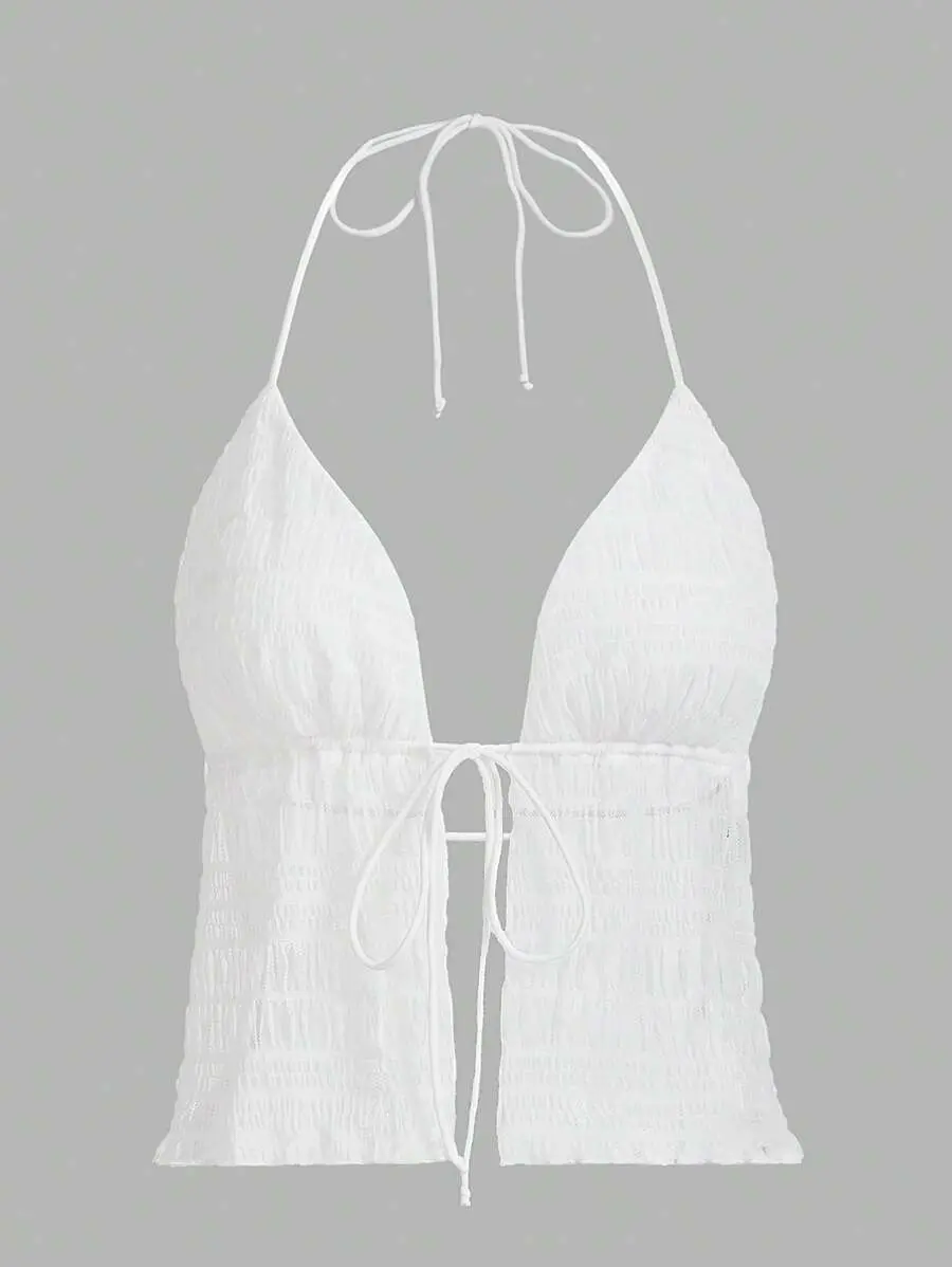 SHEIN ICON Split Hem Tie Backless Mesh Halter Y2k Top