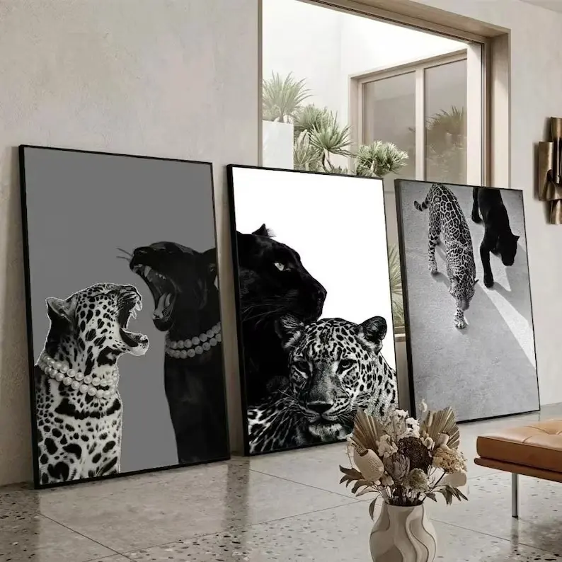 Leopard & Panther Wall Art Poster Set of 3 Digital Animal Prints Minimalist Black White Jungle Decor Modern Safari Room Artwork