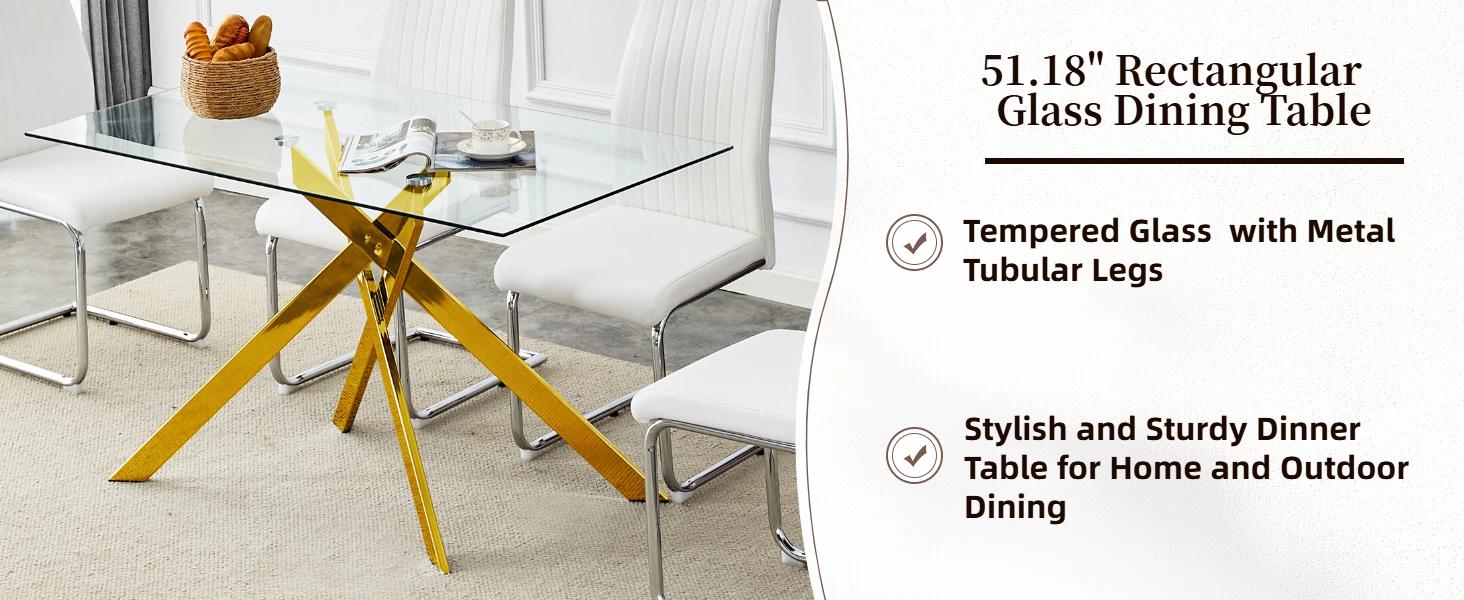 51.18" Rectangular Clear Tempered Glass Dining Table,Stylish Design with Silver Metal Tubular Legs, Dining Table for Dining Room(Only Table) 51.18" Rectangular Clear Tempered Glass Dining Table,Stylish Design with Silver Metal Tubular Legs, Dining Table for Dining Room(Only Table)