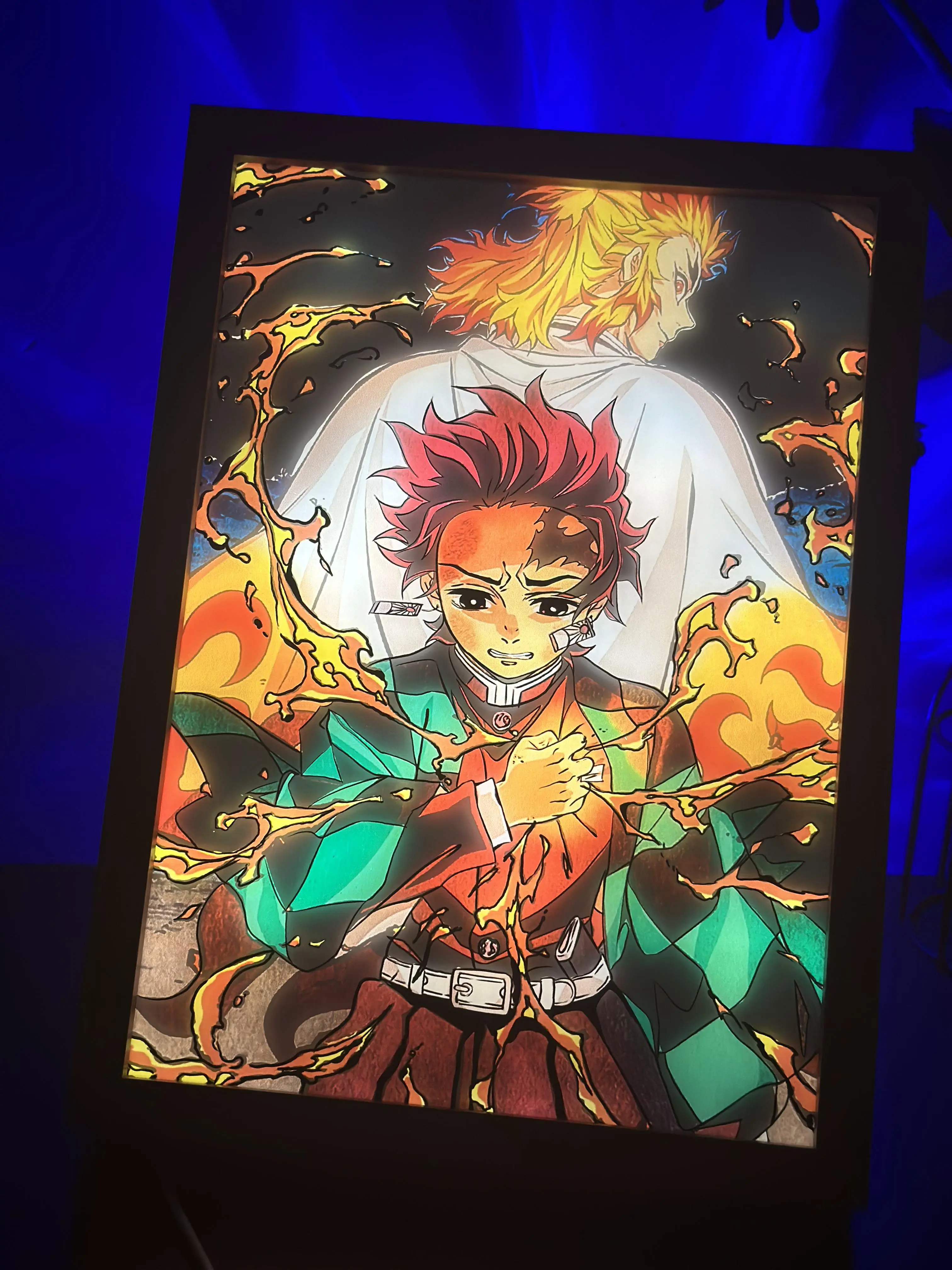Anime Demon Slayer Tanjiro and Rengoku LED Light Painting Photo Frame, Large 12.6"x9.3" Unique Room Decor for Home Supplies, Lights