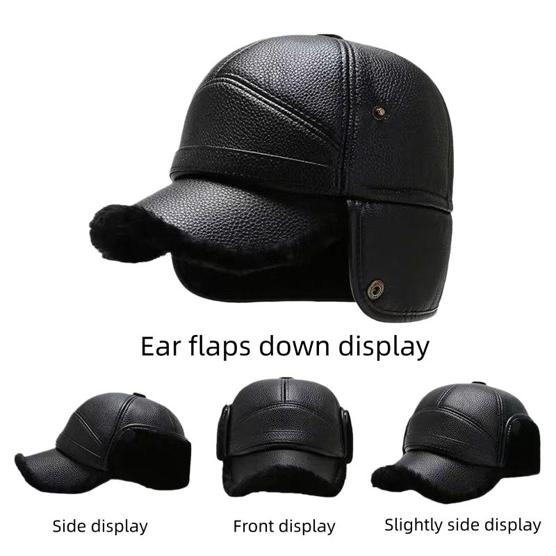 Men's Winter Cap With Plush Earmuffs Faux Leather Earflap Duckbill Hat For Elderly Windproof Waterproof Warm Cold Weather Headwear One Size Fits Most