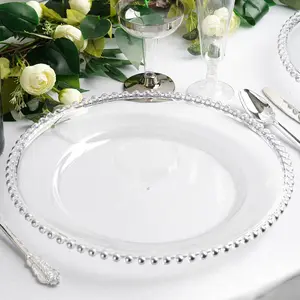 6-Pack Acrylic Charger Plates 13" Round Clear with Silver Beaded Rim - Decorative Dinner Party Serving Plates