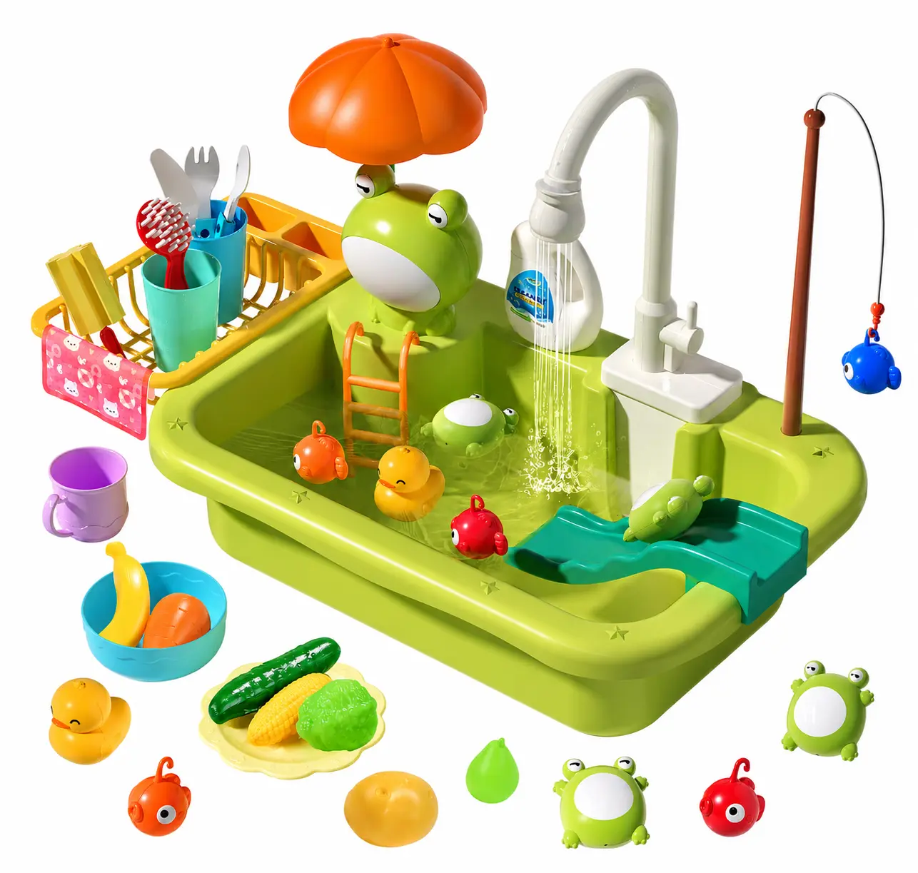 CUTE STONE Play Sink with Running Water, Pretend Play Kitchen Sink with Upgraded Electric Faucet, Realistic kitchen play set learning cookingset Plastic Toy Outdoorfun,