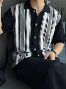 Men’s New Casual Loose Minimalist Vertical Stripe Intercolor Korean-Style Basic Versatile Commuter Retro Polo Collar Open-Front Short-Sleeve Knit Top/Cardigan for Spring and Summer