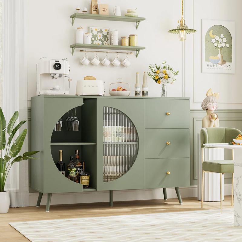 Coffee Bar Cabinet with 3 Drawers & Glass Door, Modern Buffet Sideboard Bar Table, Buffet Cabinet with Storage for Dining Room