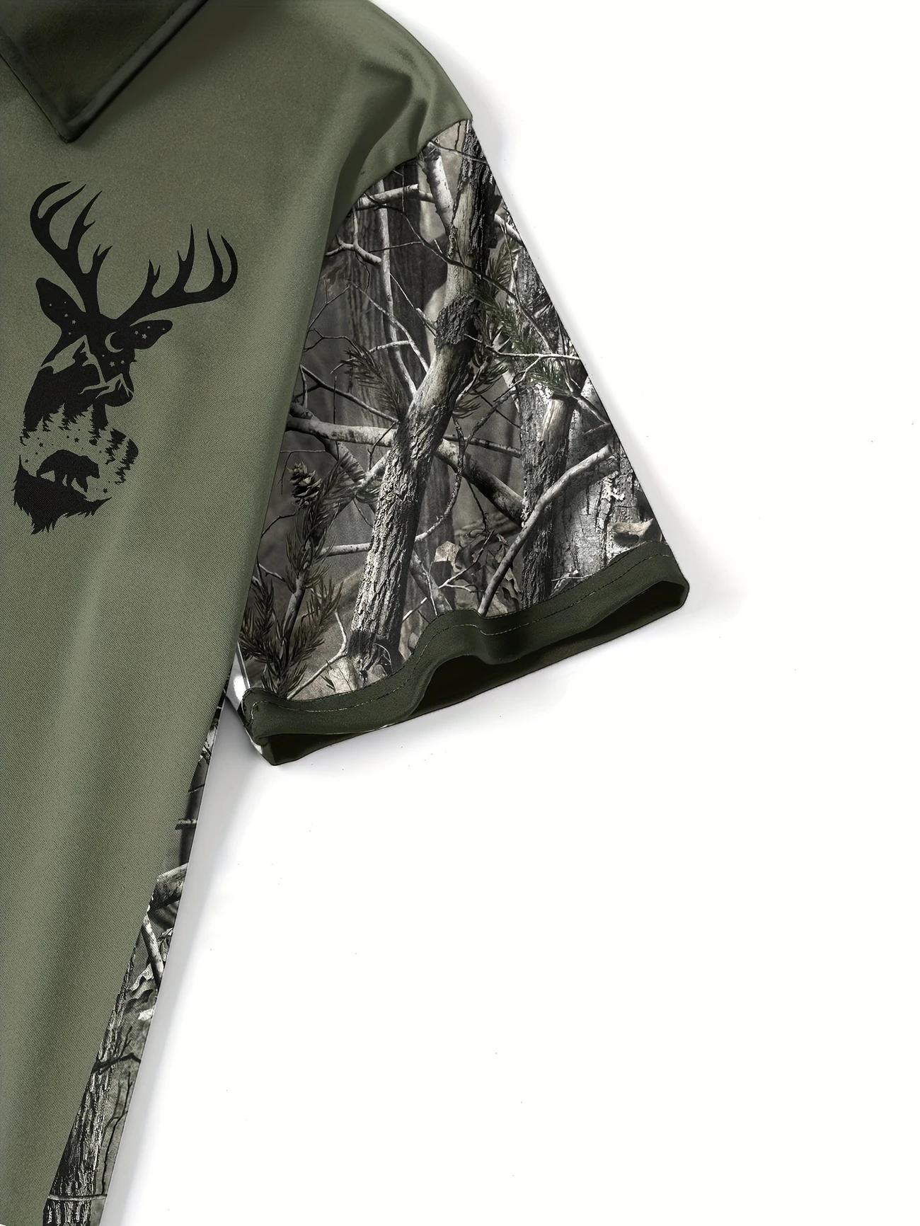 Men's Camouflage Quick Drying Shirt - Casual Outdoor Style, Deer Head Print, Short Sleeve, Button Neck, Summer Hunting and Hiking Clothing, Hiking Equipment Golf Polo Golf Apparel