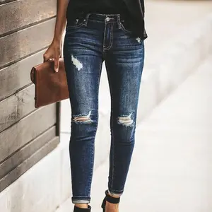 Ripped Stretchy Skinny Jeans, Distressed Whiskering Slash Pocket Washed Blue Mid Waist Denim Pants, Women's Denim Jeans & Clothing