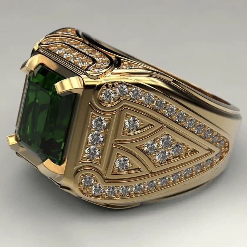 1PCS Men's Luxury Golden Rings Creative Inlaid with Shiny Green Synthetic Zircon Male Jewelry Holiday Gift  for Friend Husband Wide Ring Unique Rings