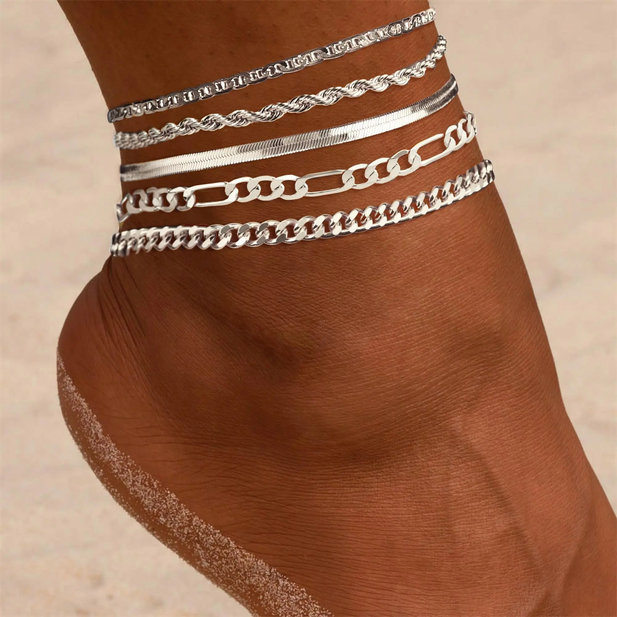 Loyalove Gold Ankle for Women Waterproof - Dainty Cuban Link Chain Herringbone Cute Anklets Set Pack Summer Beach Jewelry Gift for Women Gift For Mother's Day