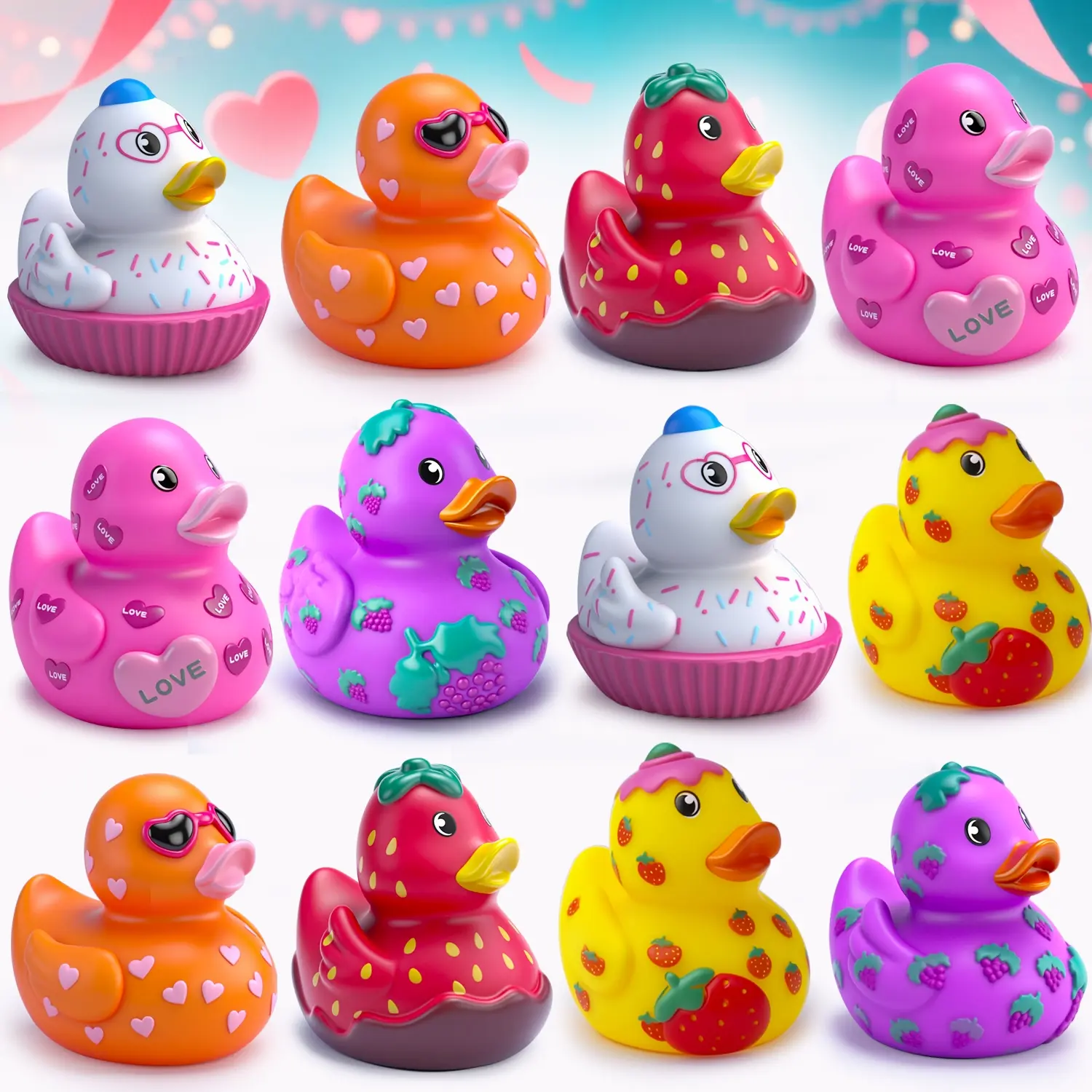 12pcs Rubber Duck Assortment for Toddlers & Babies, Bath Time Fun, Play, Perfect for Parties & Gifts, Assorted Colors, Safe & Durable Design