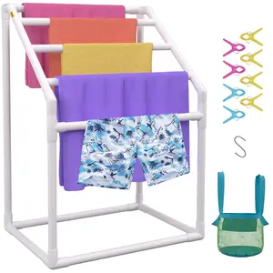 VEVOR Pool Towel Rack,  5 Bar, White, Freestanding Outdoor PVC Trapedozal Poolside Storage Organizer, Include 8 Towel Clips, Mesh Bag, Hook, Also Stores Floats and Paddles, for Beach, Swimming Pool Fitting Glossy
