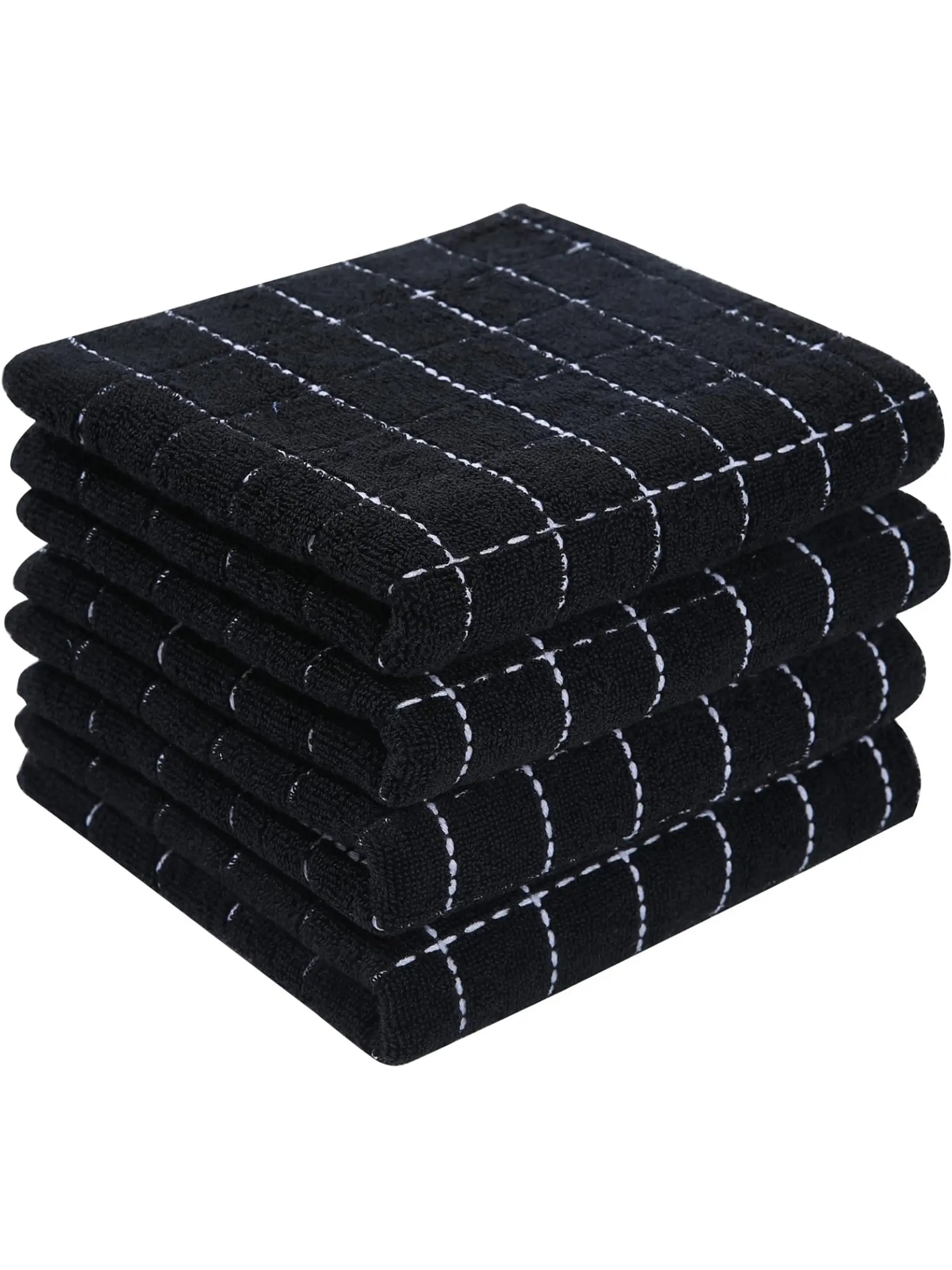 4 Pack 100% Cotton Terry Kitchen Towels(Black, 13 x 28 inches), Checkered Designed, Soft and Super Absorbent Dish Towels.