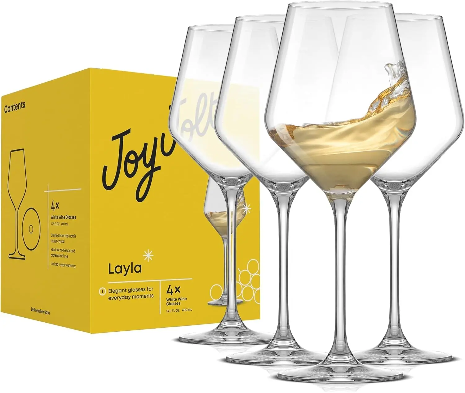 JoyJolt Layla White Wine Glasses, Set of 4 Italian Glasses, 13.5 oz Clear – Made in Europe Gift