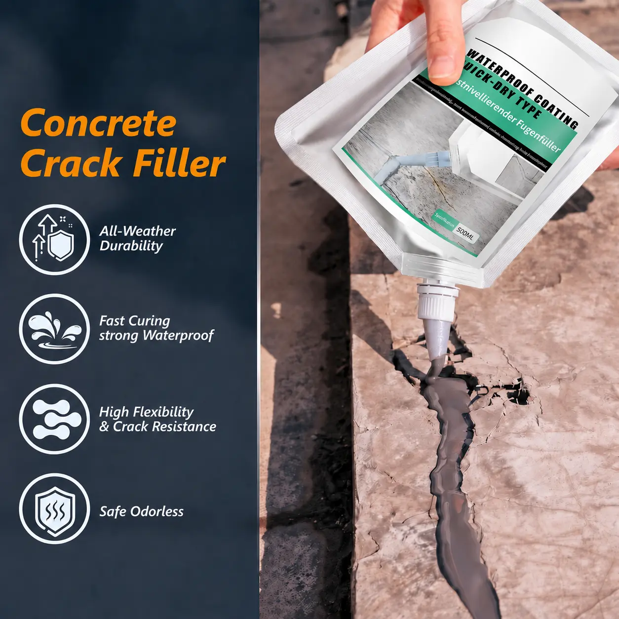 500ML Self-Leveling Concrete Crack Filler Kit, Quick-Dry Waterproof Cement Repair Sealant with 2 Scrapers, Disposable Gloves & Nozzle for Driveways, Sidewalks, Patios & Garage Floors