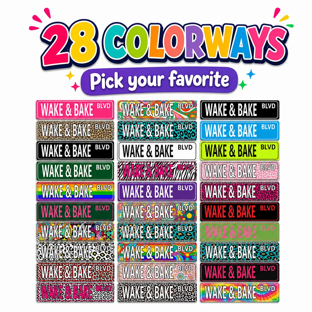 Retro Aluminum Wake & Bake BLVD Neon Metal Street Sign - Lightweight Fade-Proof Print Tin Wall Plaque with Pre-Drilled Holes, 28 Colorful Patterns (Animals, Pink Leopard Print, Graffiti) for College Dorm Wall Decor & Housewarming Gift (Home Supplies)