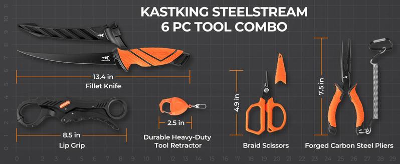 KastKing SteelStream/ ToughTide  Fishing Tool Kit - Fishing Pliers with Lanyard, Fillet Knife, Floating Fish Lip Gripper, Fishing Braid Scissors, Tool Retractor, Fishing Hook Remover, Bungee Cords ToughTide Tools Kits Carabiner Outdoorfun
