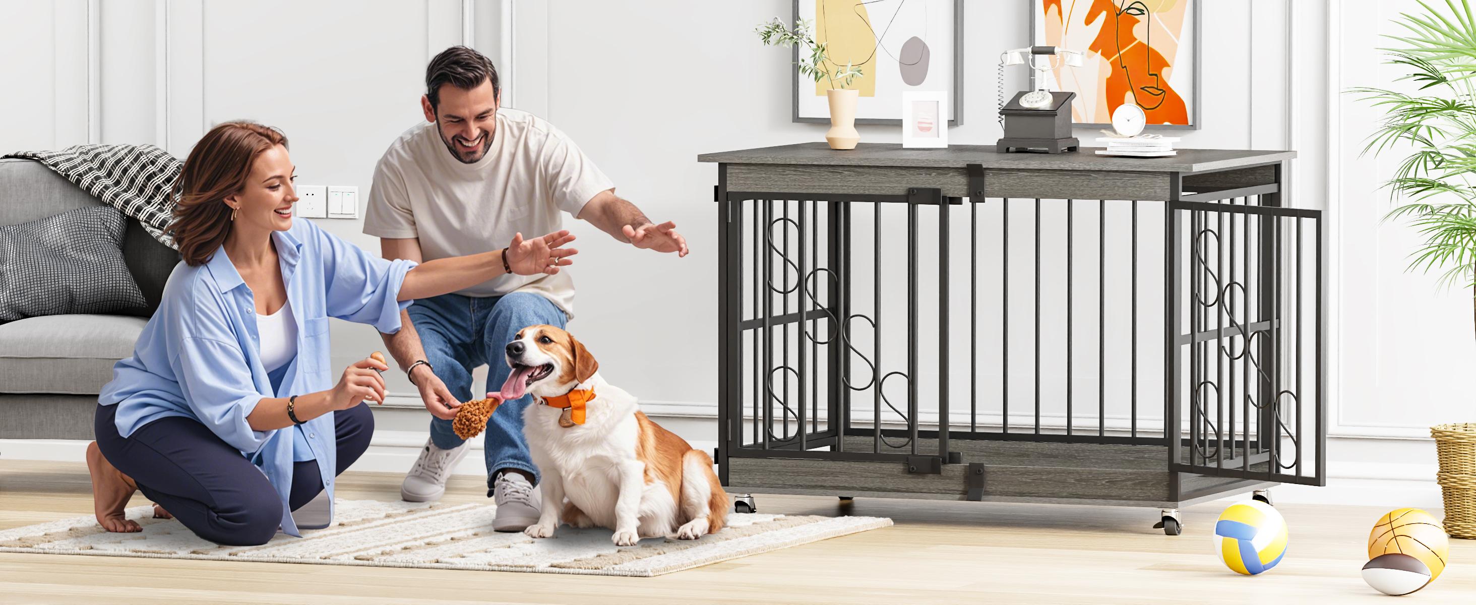 【TreasureFinds】COZPAW  Dog Crate Furniture 48 Inch Wooden Heavy Duty Dog Kennel with Lockable Wheels for Medium/Large Dogs, Three Doors Cage   (Brown)