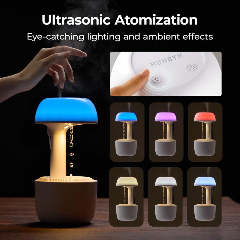 【Valentine’s Day Gifts – MUNBYN  Mushroom Anti Gravity Humidifier】 Water Drop Humidifier with Multi Colors Night Lights for Bedroom, Home & Office, Auto Power-off protection with 8 Hours Battery Life, Quiet Diffuser with 38db, Air Humidifier Gift