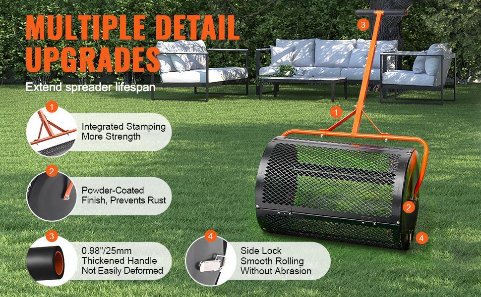 【Summervibes】VEVOR Compost Spreader with Upgraded 3-Height Adjustable T Shaped Handle,  24" Roller Lawn Spreader and Peat Moss Spreader, Steel Mesh Basket Garden Spreader with Side Latches, for Spreading Manure VEVOR Super Brand Day