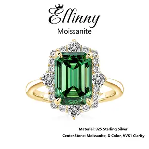 Effinny Synthetic Moissanite 3.0Carat D Color VVS1 Rectangle Excellent Cut 14K Gold Plated Wedding Ring Set, 925 Sterling Silver Green Stone Promise Jewelry for Women, Wedding
