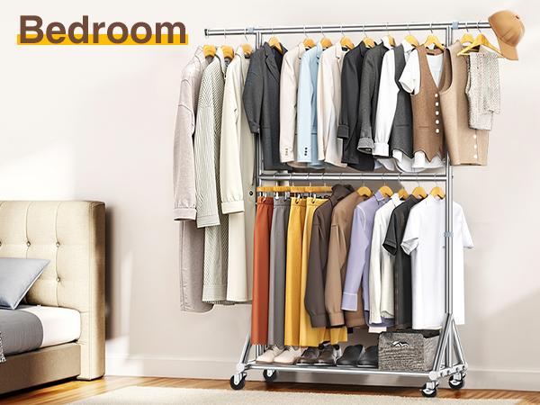 Double-Layer Rolling Clothes Rack! Large-Capacity Garment Organizer, Clothing Store Display Rack, Bedroom Floor-Standing Hanger