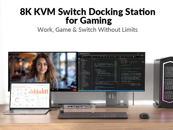 AV Access iDock B10 KVM Switch Docking Station for Laptop & Desktop, 8K@60Hz Dual Monitors, 100W Charging, High-Speed USB 3.2, 1G Ethernet, 4K@165/144/120Hz for Gaming