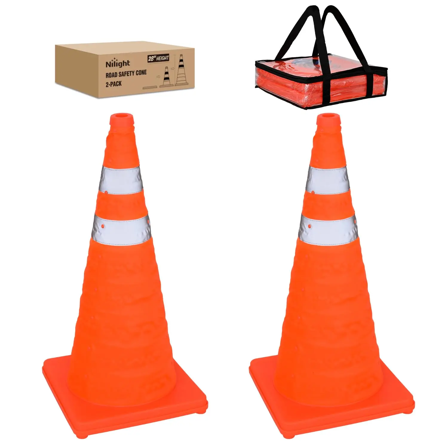 Nilight 28-Inch Durability Safety Cones, 2-Pack Collapsible Bright Orange Traffic Cones with Reflective Collars for Roadside Emergency, Parking Use