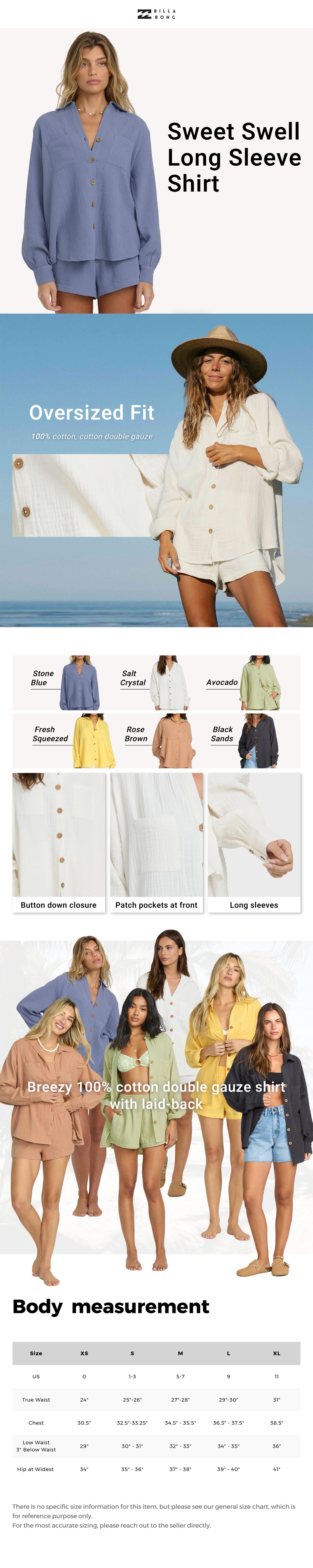 BILLABONG Women's Sweet Swell Long Sleeve Shirt for Spring Break,100% cotton,Oversized fit Blouse Womenswear