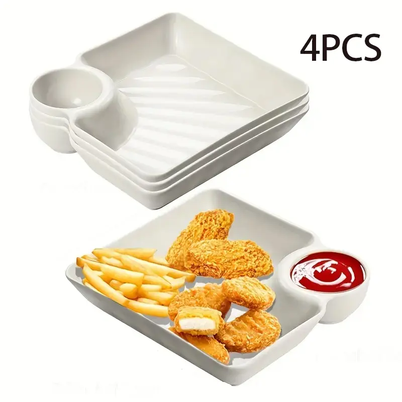4-Piece Plastic Dumpling Plates with Sauce Compartment, Salad Serving Plates, Tableware, Dishwasher Safe Tableware, Party Plates, Platters for Serving Food Party, Snack and Sushi Dishes for Appetizers, Tortilla Dip, Fruit, Parties and Picnics
