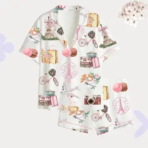 Paris Travel Print Pajama Set, Satin Button Up PJs, French Macaron Sleepwear, Gift for Her #pajamas