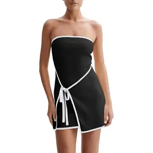 Wenrine Women's Sexy Tube Top Dress Strapless Self Tie Wrap Asymmetrical Hem Knit Summer Party Mini Dresses