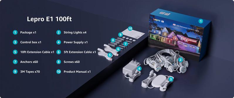 Lepro AI Permanent Outdoor Lights E1-60 100ft with 60 Triple-LED Smart RGBIC+Warm/Cool White Waterproof Lighting Themes APP Control Alexa Google Enabled