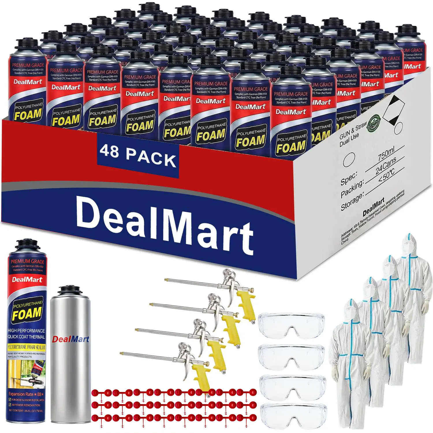 Polyurethane Spray Foam Insulation Kit (12 Cans, 48 x 26.5 oz./960 Board Ft Total), Closed Cell Wide DIY Self-Expanding Self-Sealing Adhesive, Includes Gun, Cleaner & Gloves, for Garage Doors, Attics