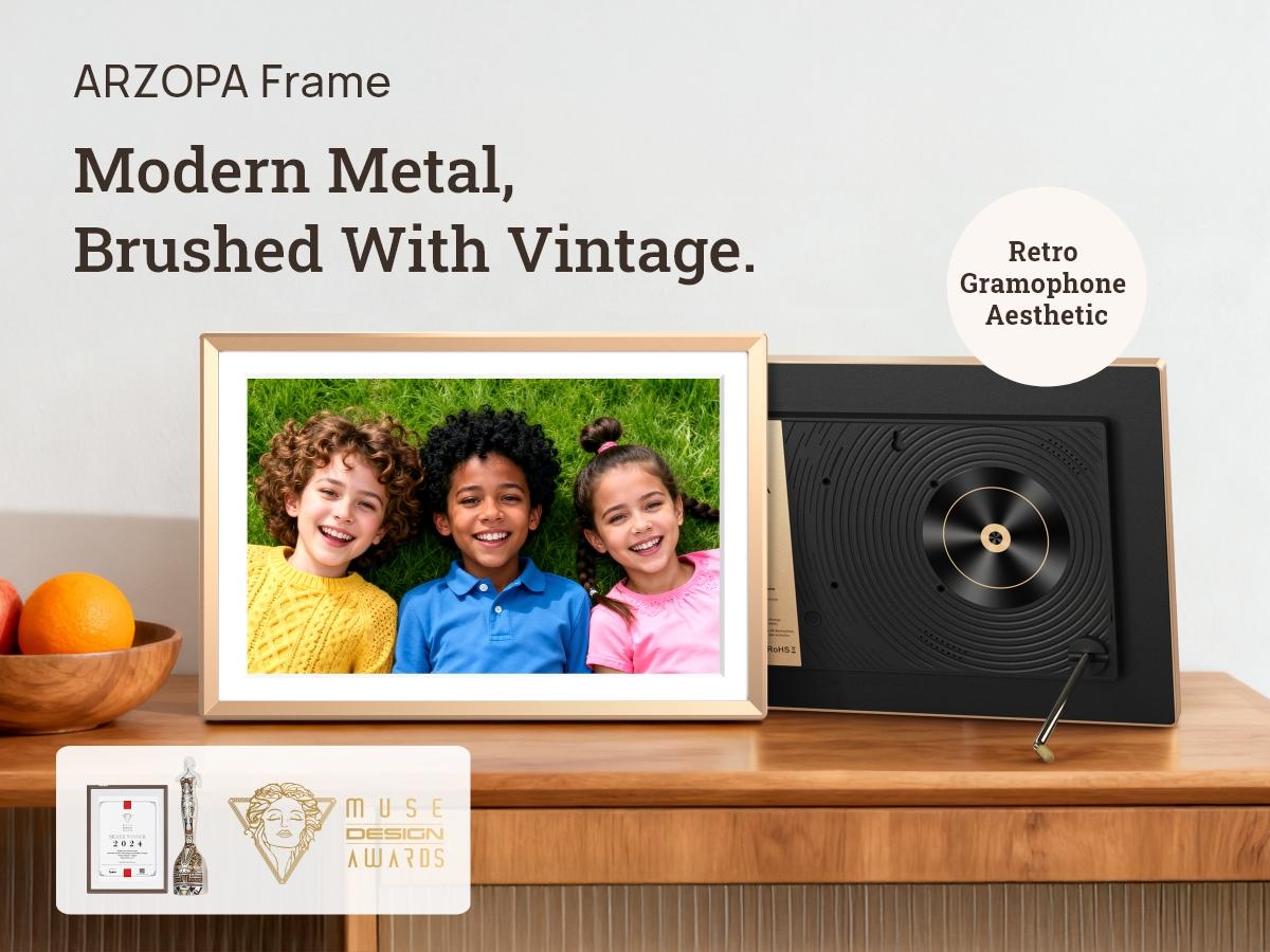 ARZOPA 14.0" Gold Digital Photo Frame Free Unlimited Cloud Storage Touch Screen Auto-Rotate 120s Video Slideshow for Family Friends Couples Nostalgic Memories Display Decor