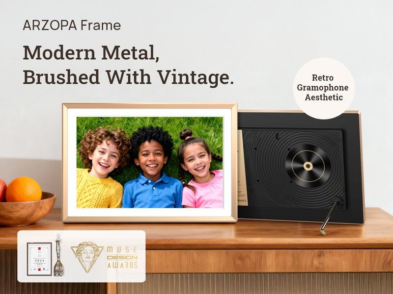ARZOPA 14.0" Gold Digital Photo Frame Free Unlimited Cloud Storage Touch Screen Auto-Rotate 120s Video Slideshow for Family Friends Couples Nostalgic Memories Display Decor