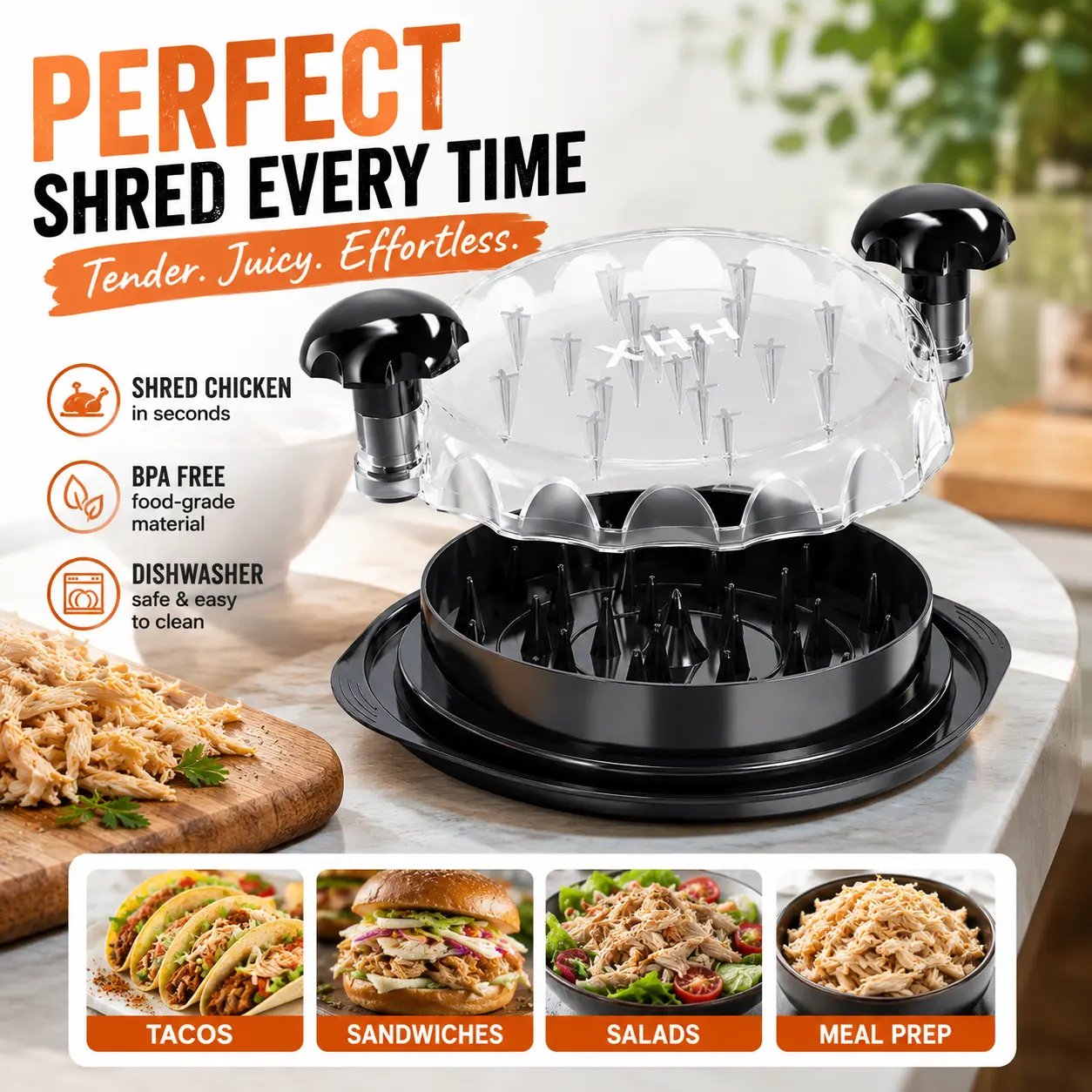 Large Chicken Shredder Utensil - Upgraded BPA-Free Food Grade Plastic Rotating Bowl with Transparent Lid & Anti-Slip Grip, Effortless Meal Prep Tool for Family Cooking (Pork, Beef, Vegetables), Utensils