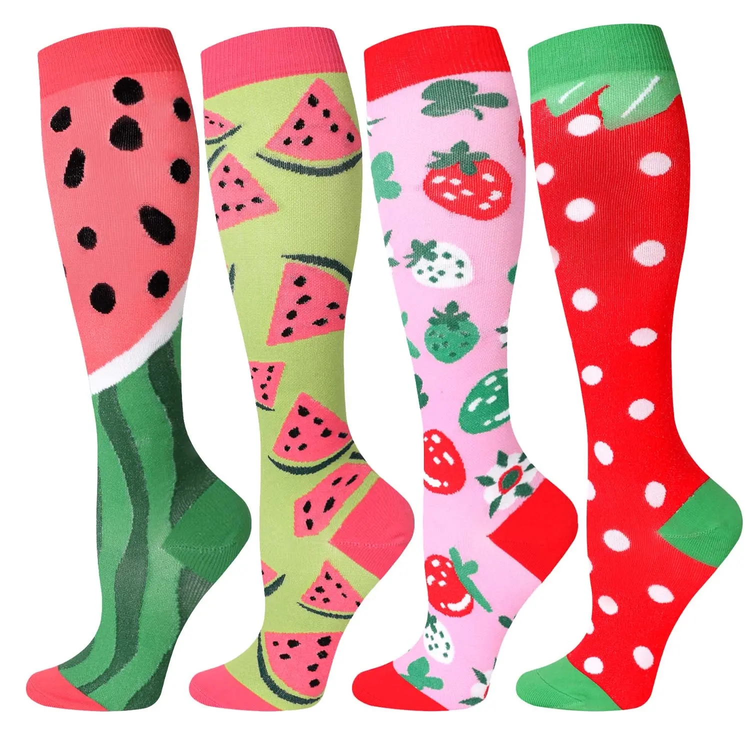 4 Pairs Knee High Compression Socks for Women & Men, 15-20mmHg Graduated Compression Support, Colorful Fruit Print Design, Soft & Breathable Socks for Work, Travel & Daily Wear