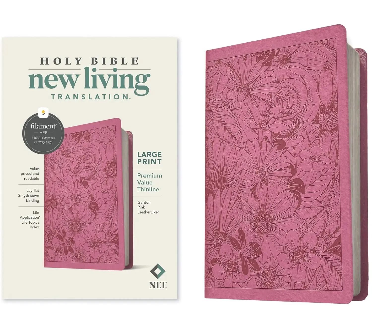 NLT Large Print Premium Value Thinline Bible, Filament Enabled (LeatherLike, Garden Pink)