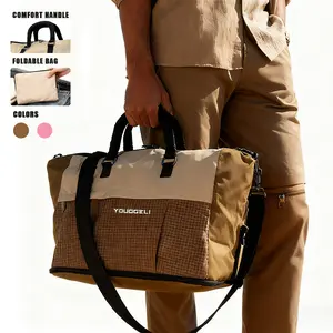YOUGGELI 38L Large Capacity Stylish Travel Bag Foldable for Business Trips Sports Carry-on Travel Pink & Brown Duffel Weekender Bag