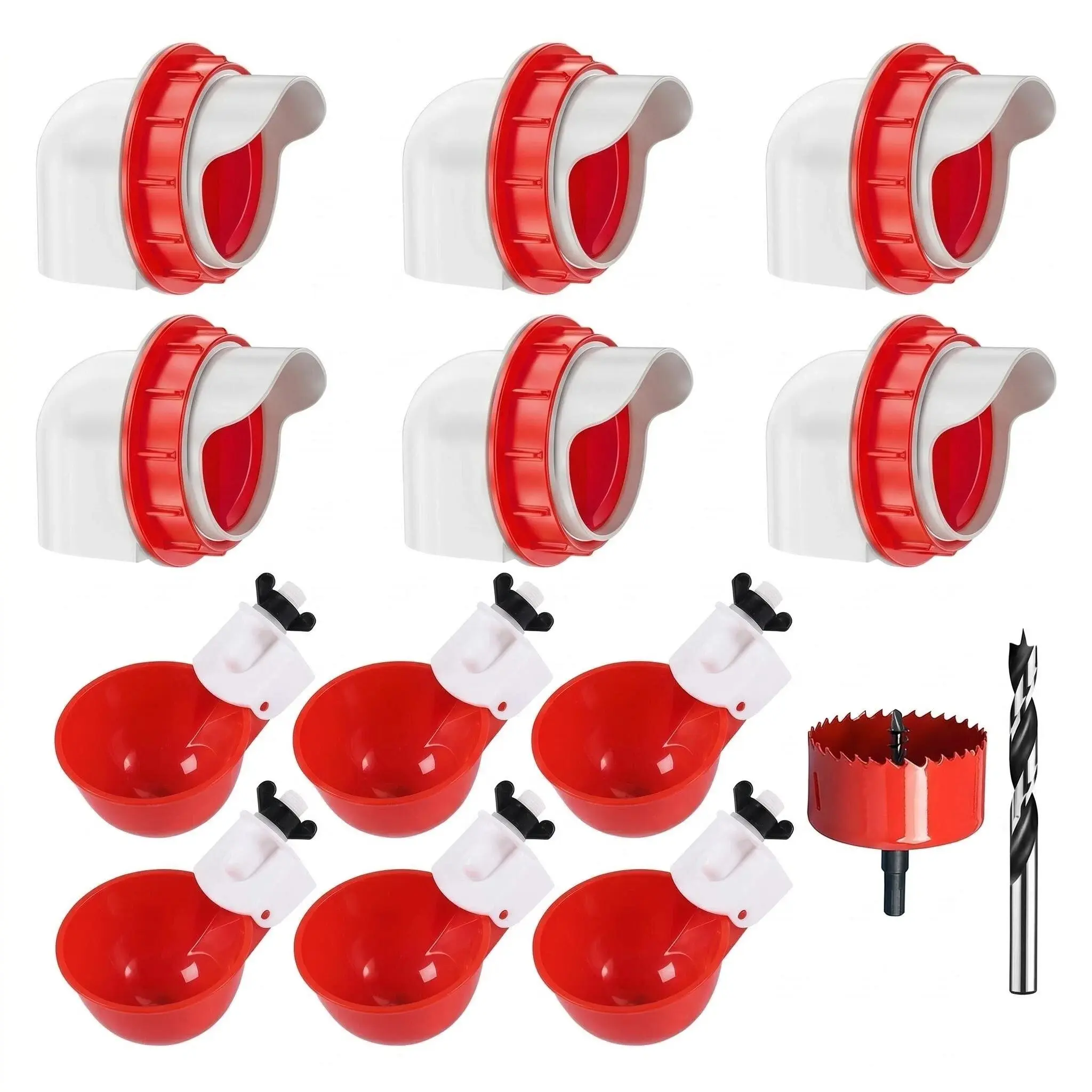 New Style No Waste Automatic Chicken Duck Feeder & Waterer Set, Rainproof Poultry Feeder Kit with 6 Feeding Ports 6 Water Cups, Comes with Hole Saw and Drill Bit