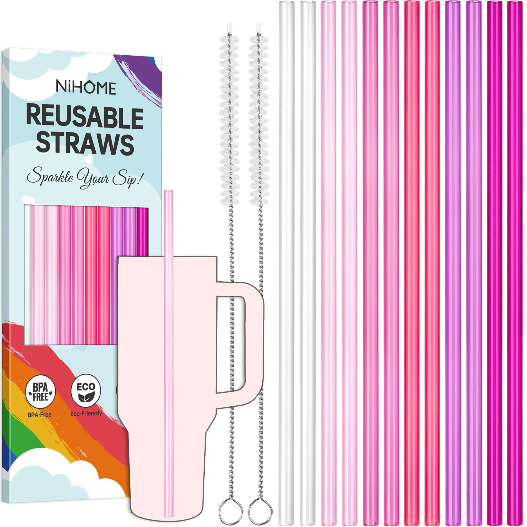 NiHome 12-Pack BPA-Free Transparent Soft Minimalist Reusable Plastic Straws, 12in Solid Colors, Fits 30oz/40oz/64oz Tumblers, W/2 Cleaning Tool Brushes, For Cold & Hot Beverages, Everyday Use, Soft Straw, 12 Inches