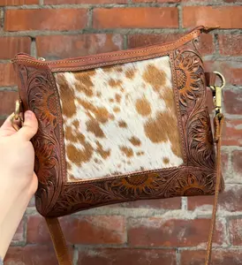 Genuine cowhide & leather tooled medium crossbody purse with sunflower design