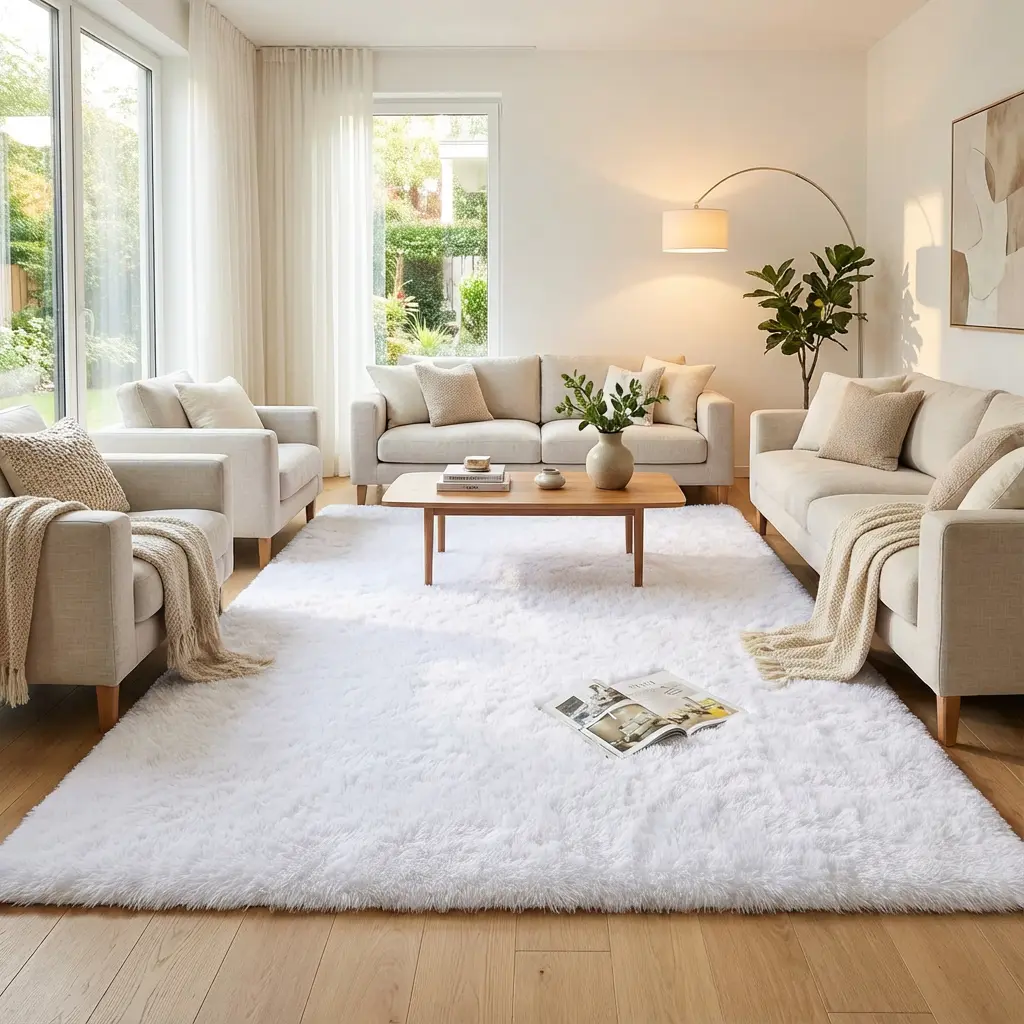 XEXSIN Large Rectangle Furry Soft Memory-Foam Rug - Machine Washable, Super Soft Fluffy White, Non-Slip Bottom, Minimalist Design, Durable, Dustproof Indoor Rug for Family Bedroom, Kid Room Decor, Machine Washable Rug