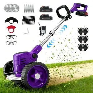 Only Purple 3-in-1 Mini Lawn Mower Weed Wacker&Grass Trimmer&Edger,21V 4Ah Electric Cordless String Trimmer with Large Capacity Batteries 1500MAH Fast Charger,Lightweight Double Front Wheel ,High Power Lawn Mower with Three Types of Blades,90° Rotation Ea