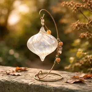 Handblown Iridescent Teardrop Glass Friendship Ornament - Light, Luminous, Round Boho Artisan Home Decor with Macrame Hanger, Beads, 9in Wood Stand, Wall Hanging Option (From Roosters Peacock Personal Collection)