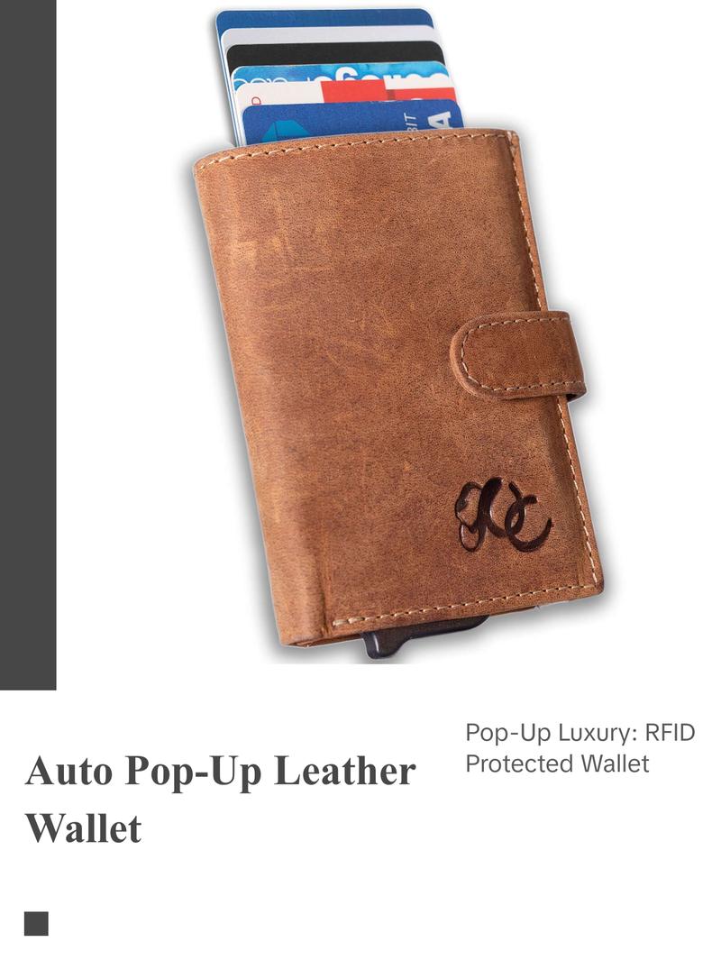 UC Leather Company Automatic Pop-Up Bifold Wallet Leather Compact RFID Blocking for Formal Occasions with ID Window & 8 Card Slots