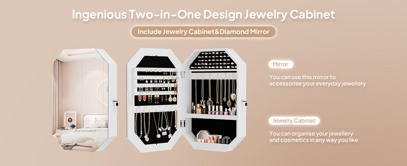 Bonnlo Modern Diamond-Shaped Jewelry Armoire, Lockable Octagonal Jewelry Cabinet Organizer with Mirror, Wall Mounted for Space Saving
